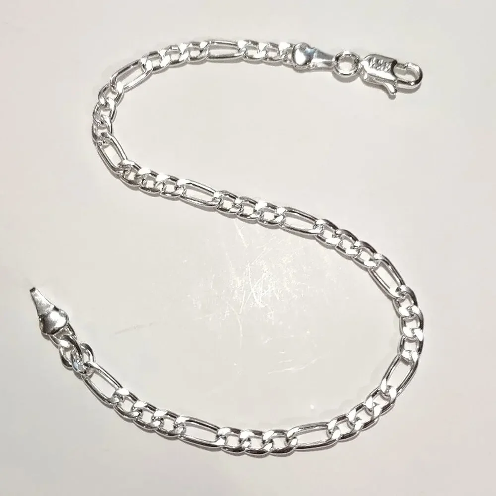 925 Silver Plated Bracelet Figaro Chain Valentines Christmas Birthday Gift - NEW